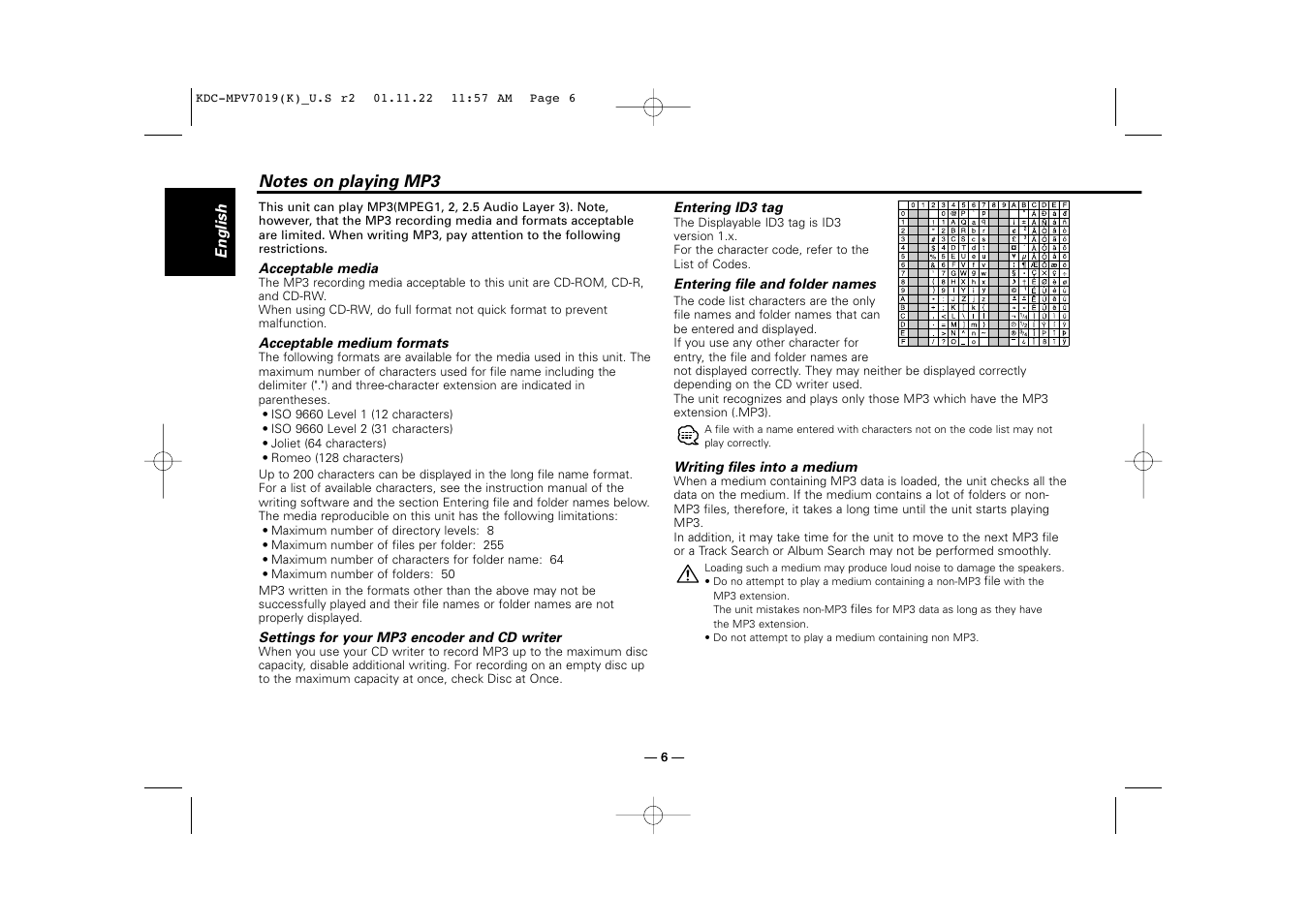 Notes on playing mp3 | Kenwood KDC-X459 User Manual | Page 6 / 36