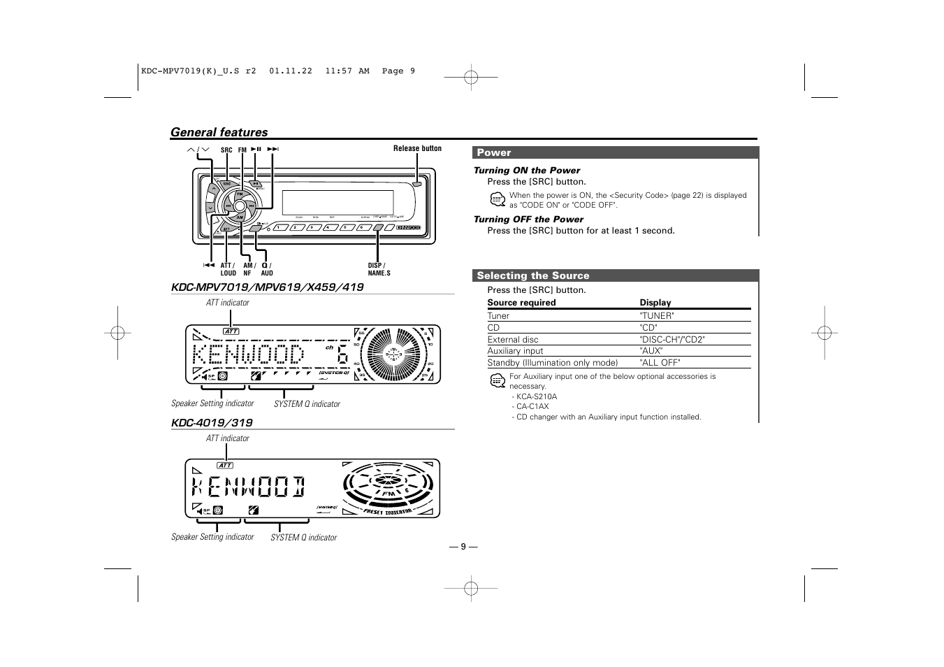 General features | Kenwood KDC-X459 User Manual | Page 9 / 36