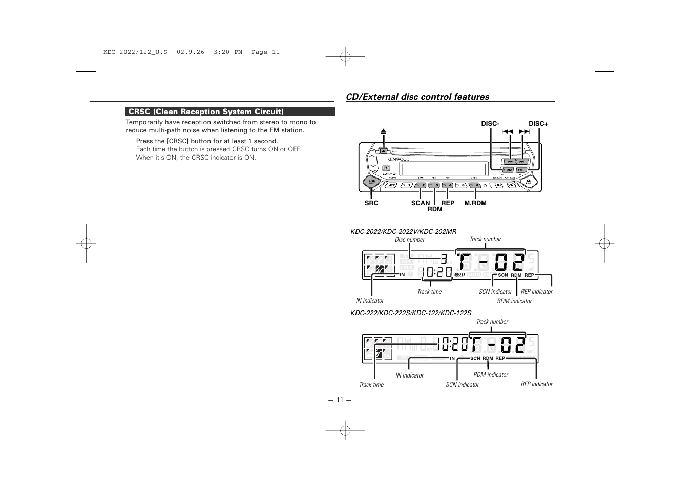 Cd/external disc control features | Kenwood 222 User Manual | Page 11 / 92