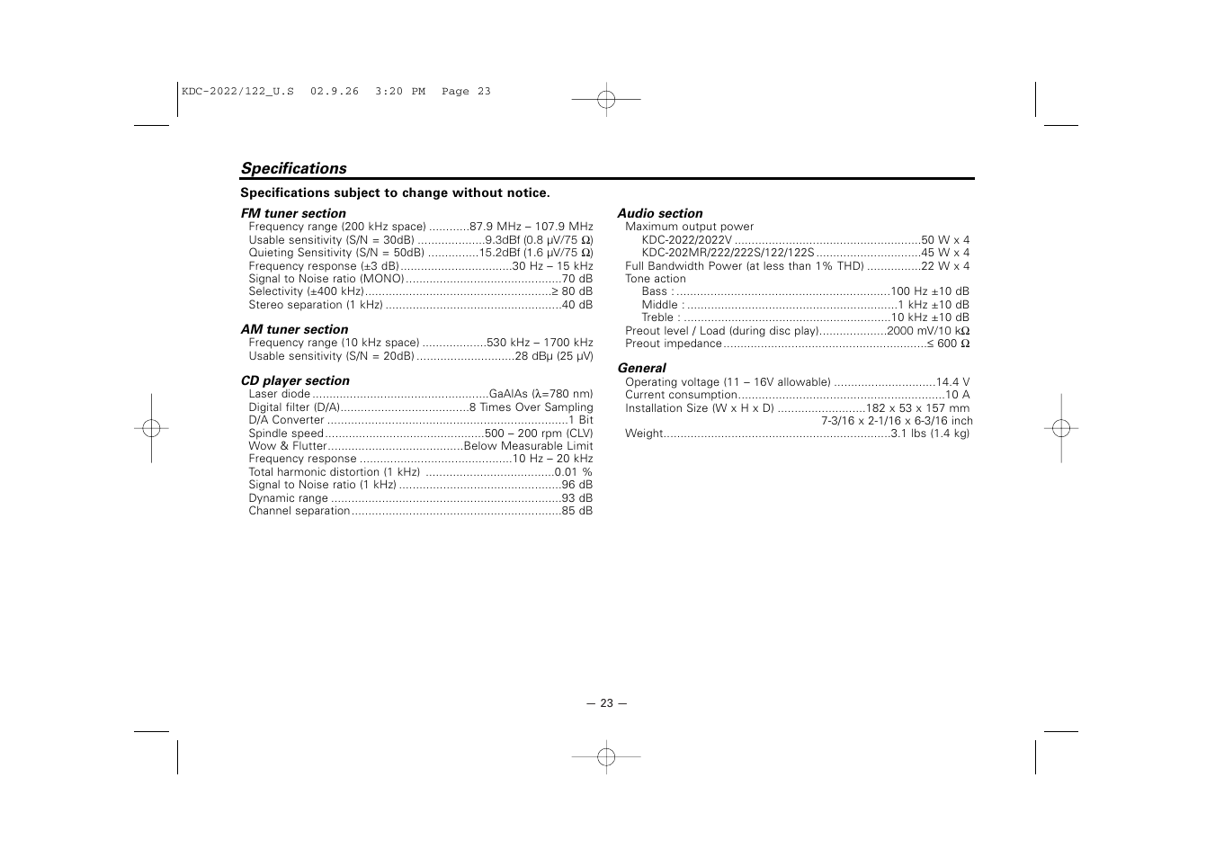 Specifications | Kenwood 222 User Manual | Page 23 / 92