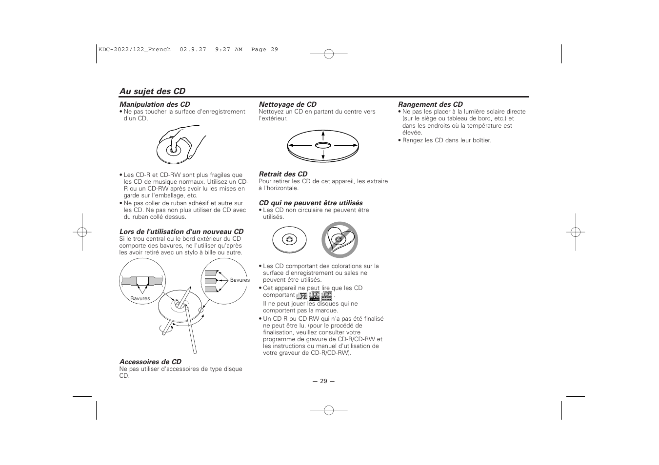 Au sujet des cd | Kenwood 222 User Manual | Page 29 / 92