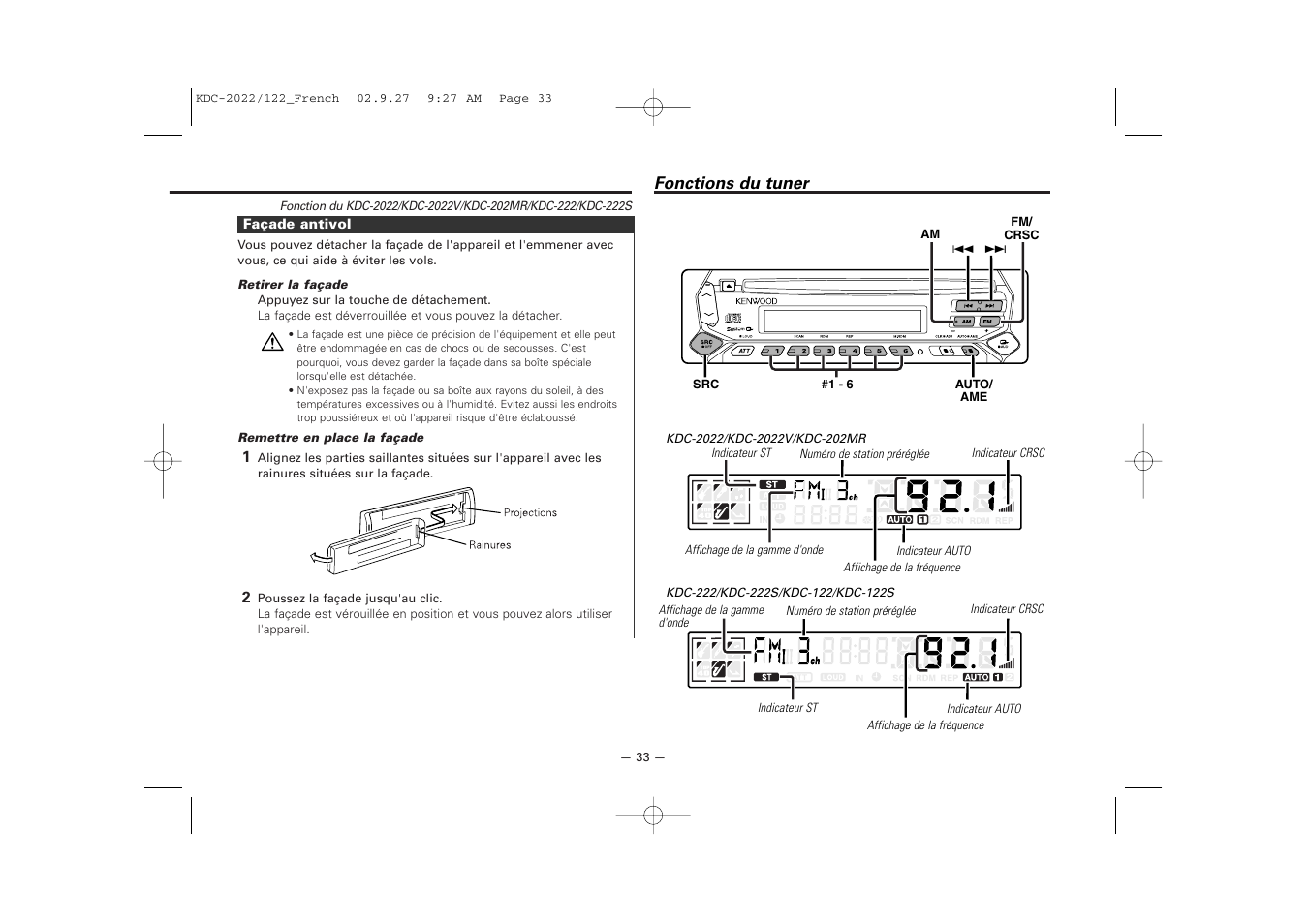 Fonctions du tuner | Kenwood 222 User Manual | Page 33 / 92