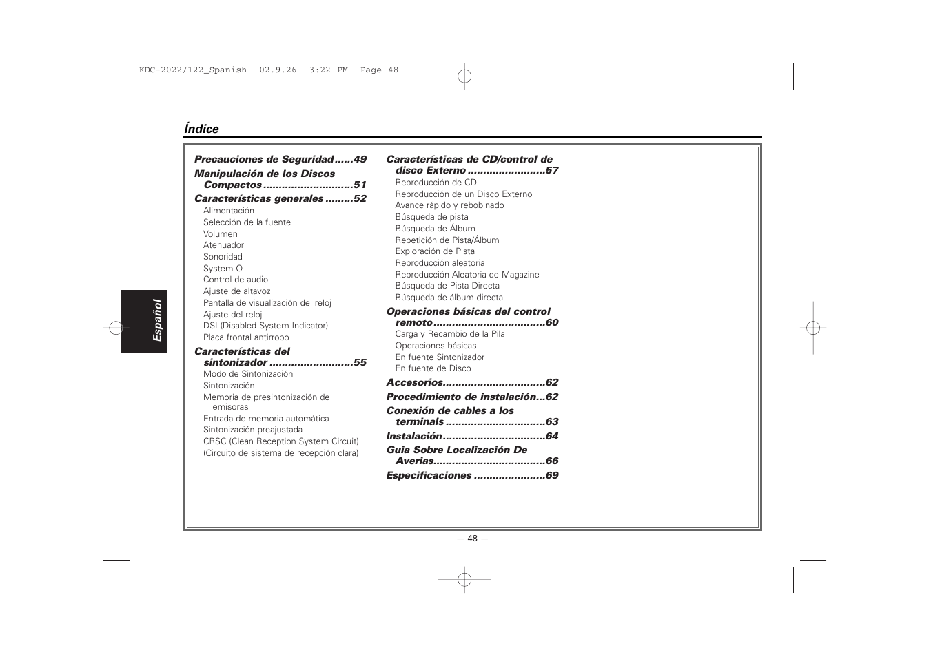 Espanol | Kenwood 222 User Manual | Page 48 / 92