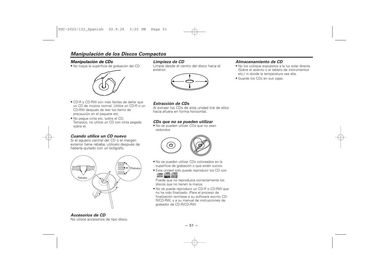 Manipulacion de los discos compactos | Kenwood 222 User Manual | Page 51 / 92