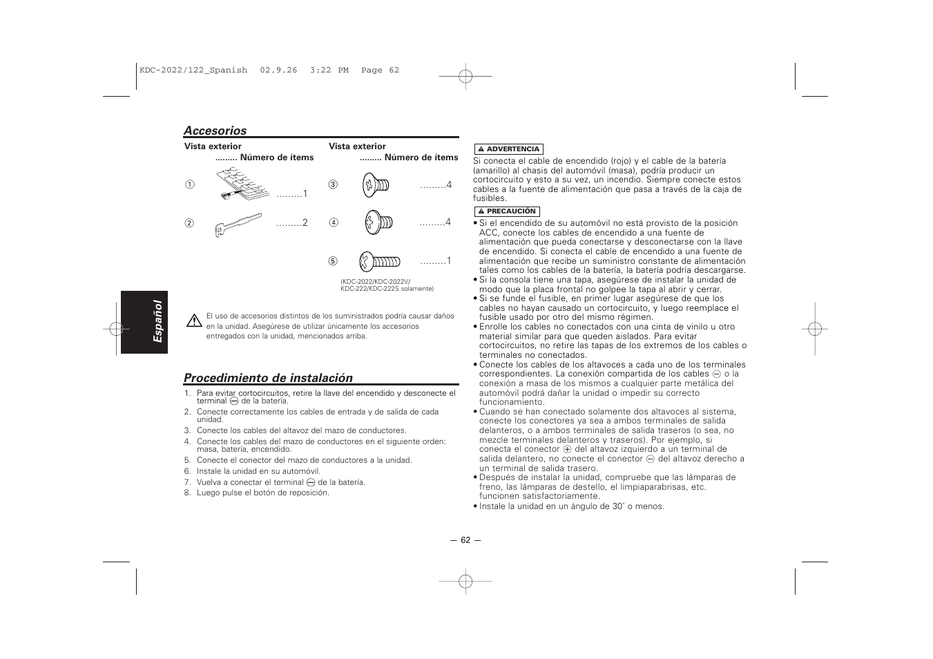 Accesorios, Procedimiento de instalacion | Kenwood 222 User Manual | Page 62 / 92