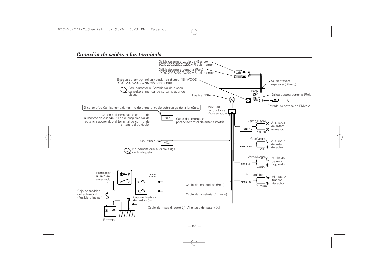 Conexion de cables a los terminals, Conexión de cables a los terminals | Kenwood 222 User Manual | Page 63 / 92