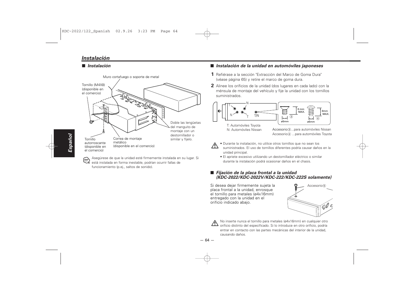 Instalacion, Instalación | Kenwood 222 User Manual | Page 64 / 92