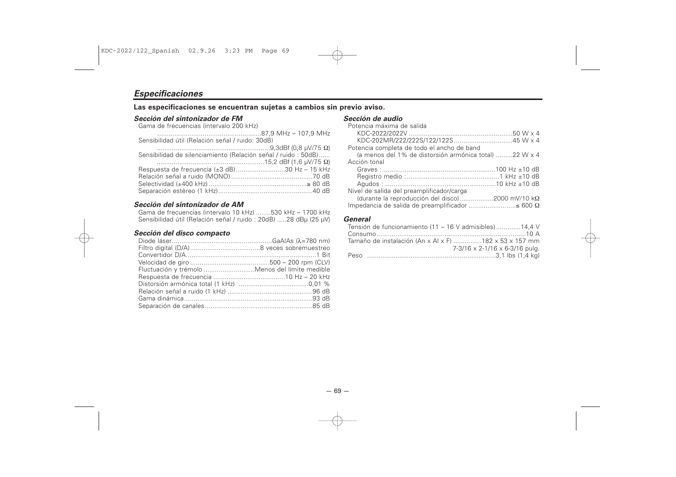 Especificaciones | Kenwood 222 User Manual | Page 69 / 92