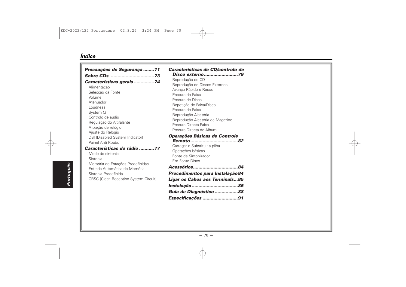 Portugues | Kenwood 222 User Manual | Page 70 / 92