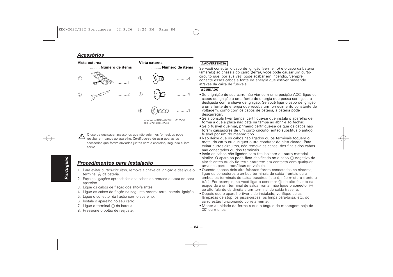 Acessorios, Procedimentos para instalacao | Kenwood 222 User Manual | Page 84 / 92