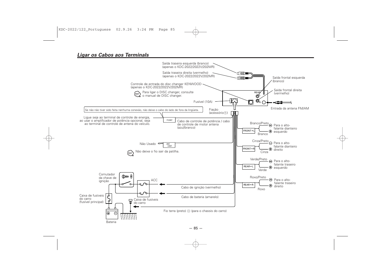 Ligar os cabos aos terminals | Kenwood 222 User Manual | Page 85 / 92