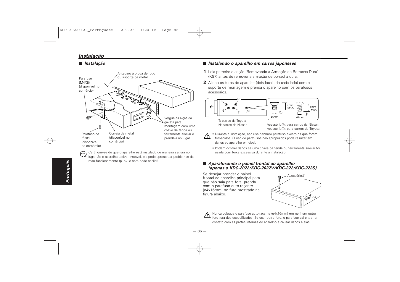 Instalacao, Instalação | Kenwood 222 User Manual | Page 86 / 92