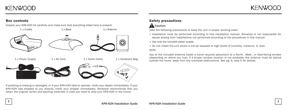 Safety precautions, Box contents | Kenwood HERE2ANYWHERE KPA-H2H User Manual | Page 2 / 5