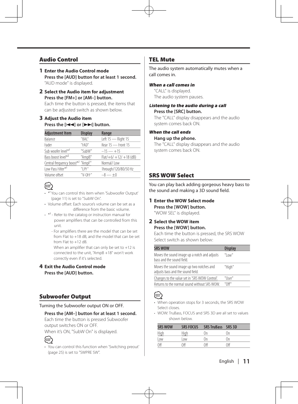 Subwoofer output, Srs wow select, Tel mute | Audio control 1 | Kenwood DPX-MP4070  EN User Manual | Page 11 / 40