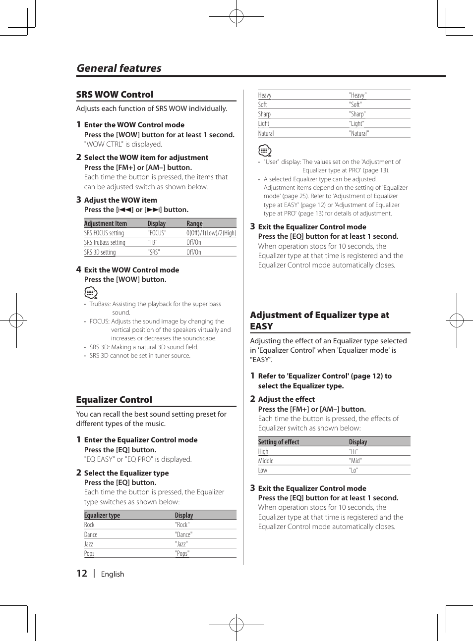 General features, Equalizer control, Adjustment of equalizer type at easy | Srs wow control | Kenwood DPX-MP4070  EN User Manual | Page 12 / 40