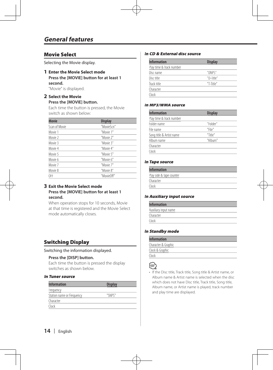 General features, Switching display, Movie select | Kenwood DPX-MP4070  EN User Manual | Page 14 / 40