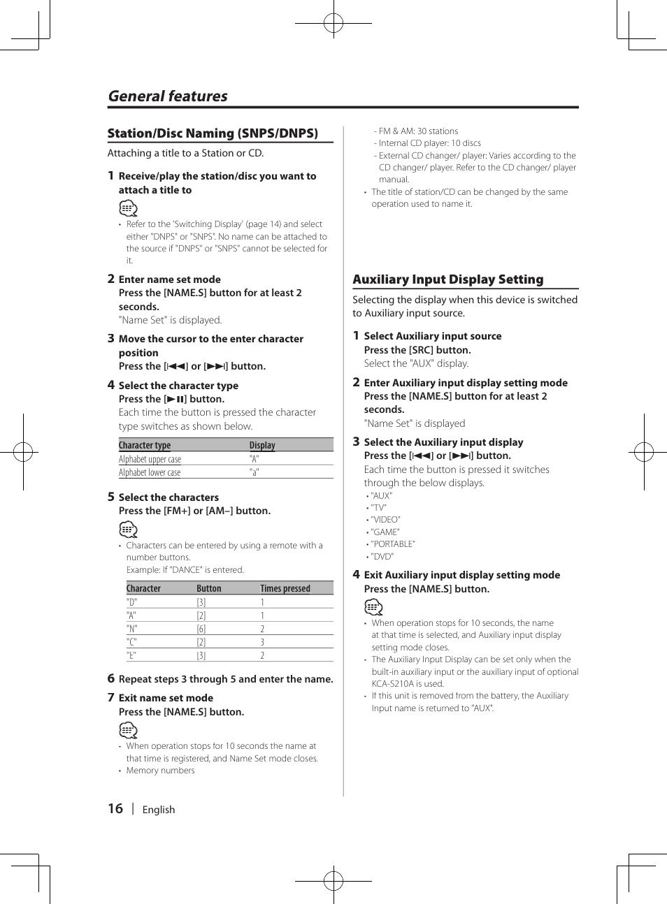 General features, Station/disc naming (snps/dnps), Auxiliary input display setting | Kenwood DPX-MP4070  EN User Manual | Page 16 / 40