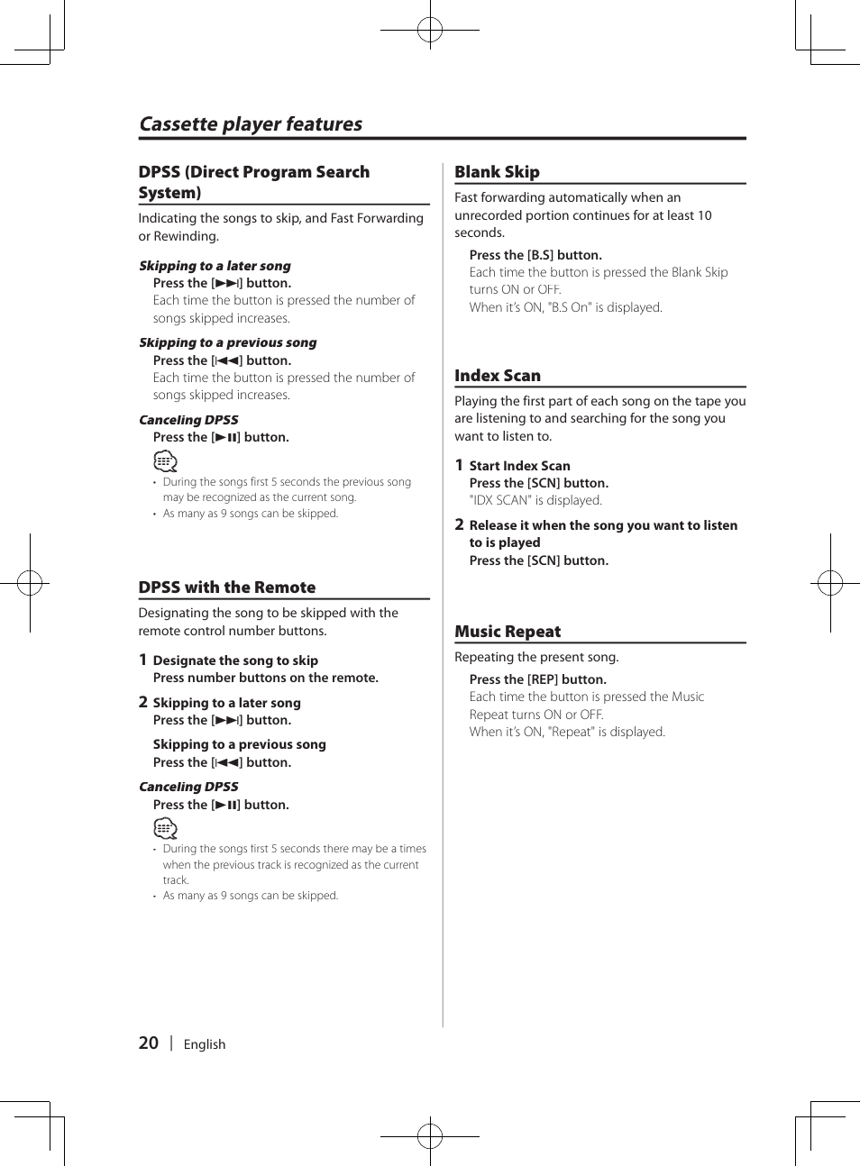 Cassette player features | Kenwood DPX-MP4070  EN User Manual | Page 20 / 40