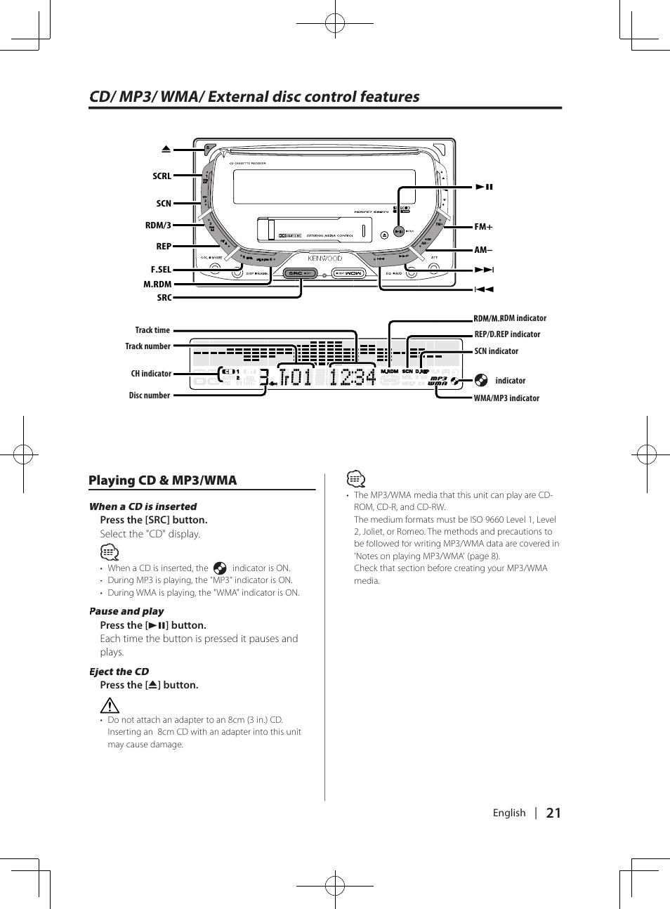 Cd/ mp3/ wma/ external disc control features, Playing cd & mp3/wma | Kenwood DPX-MP4070  EN User Manual | Page 21 / 40