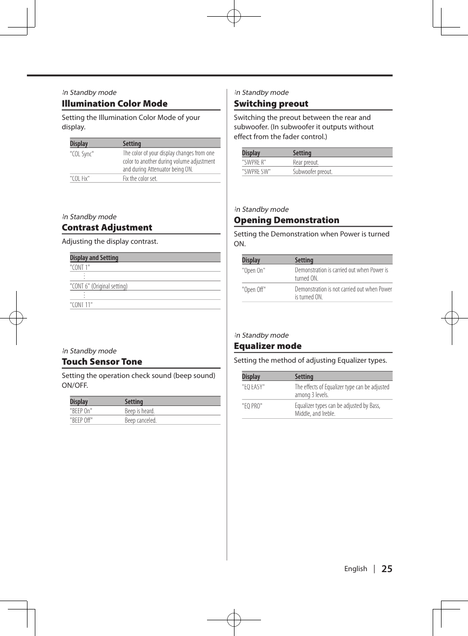 Opening demonstration, Touch sensor tone, Equalizer mode | Switching preout, Illumination color mode, Contrast adjustment | Kenwood DPX-MP4070  EN User Manual | Page 25 / 40