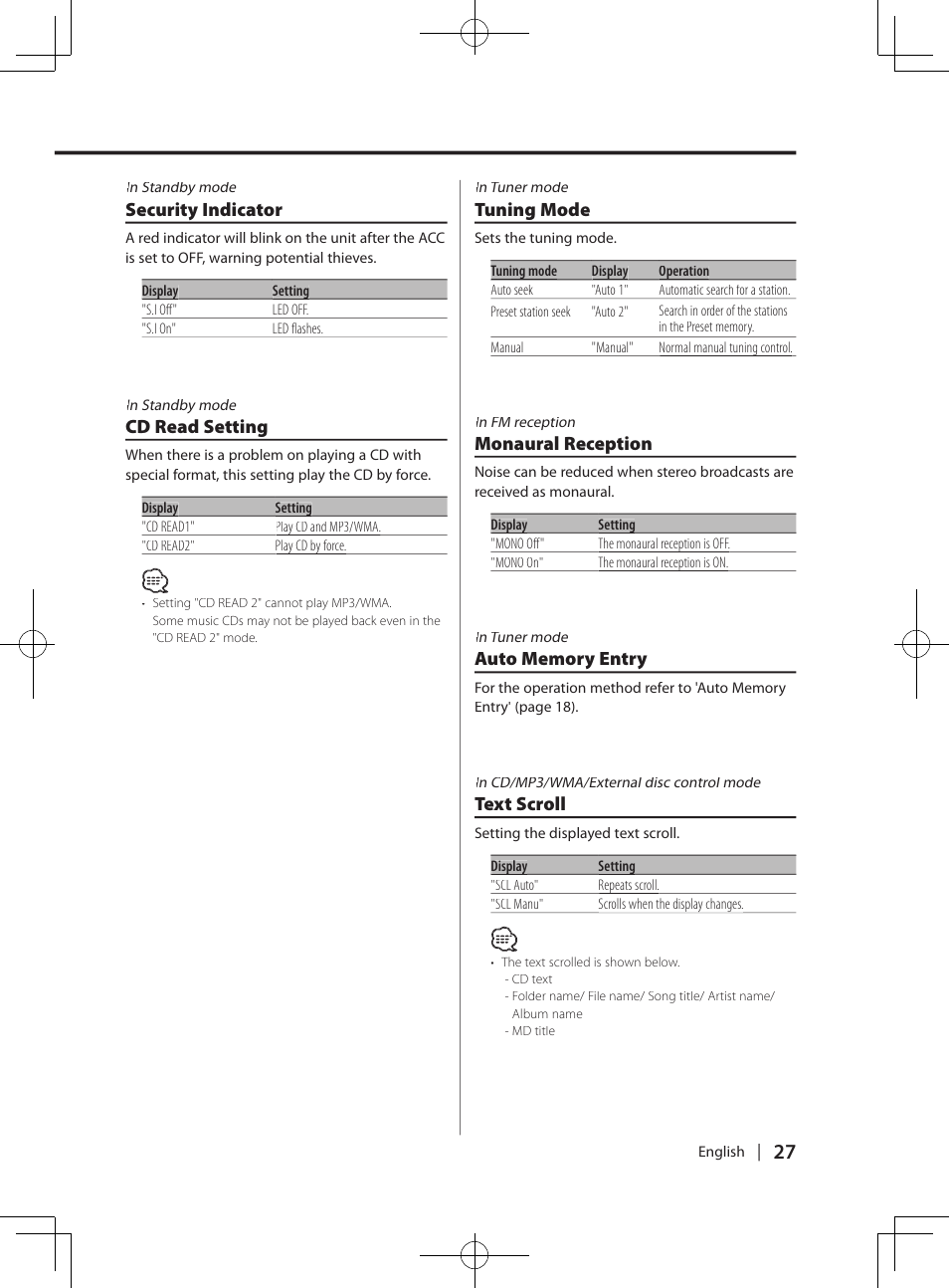 Cd read setting, Tuning mode, Monaural reception | Text scroll, Security indicator | Kenwood DPX-MP4070  EN User Manual | Page 27 / 40