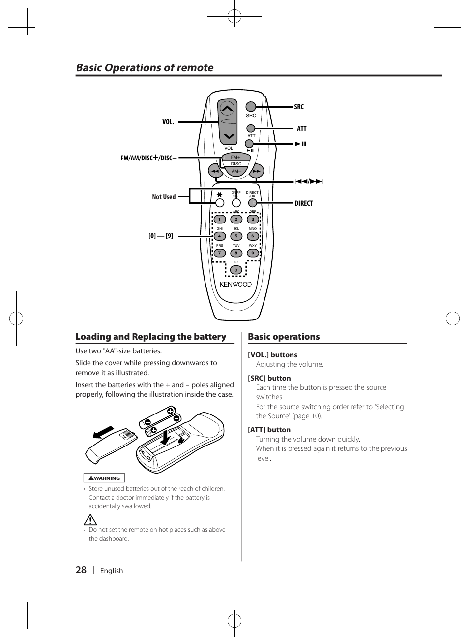 Basic operations of remote, Loading and replacing the battery, Basic operations | Kenwood DPX-MP4070  EN User Manual | Page 28 / 40