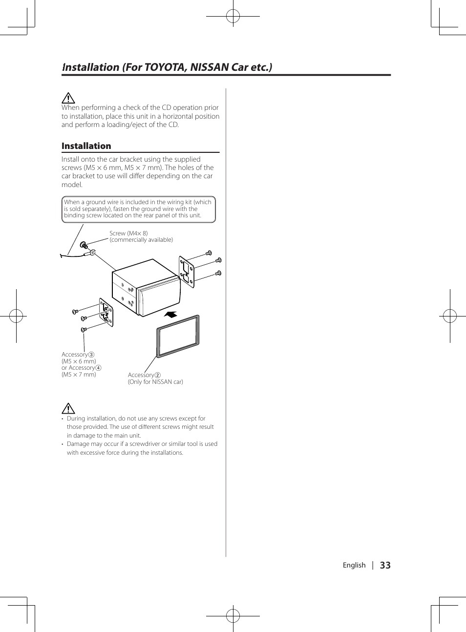 Installation (for toyota, nissan car etc.), Installation | Kenwood DPX-MP4070  EN User Manual | Page 33 / 40