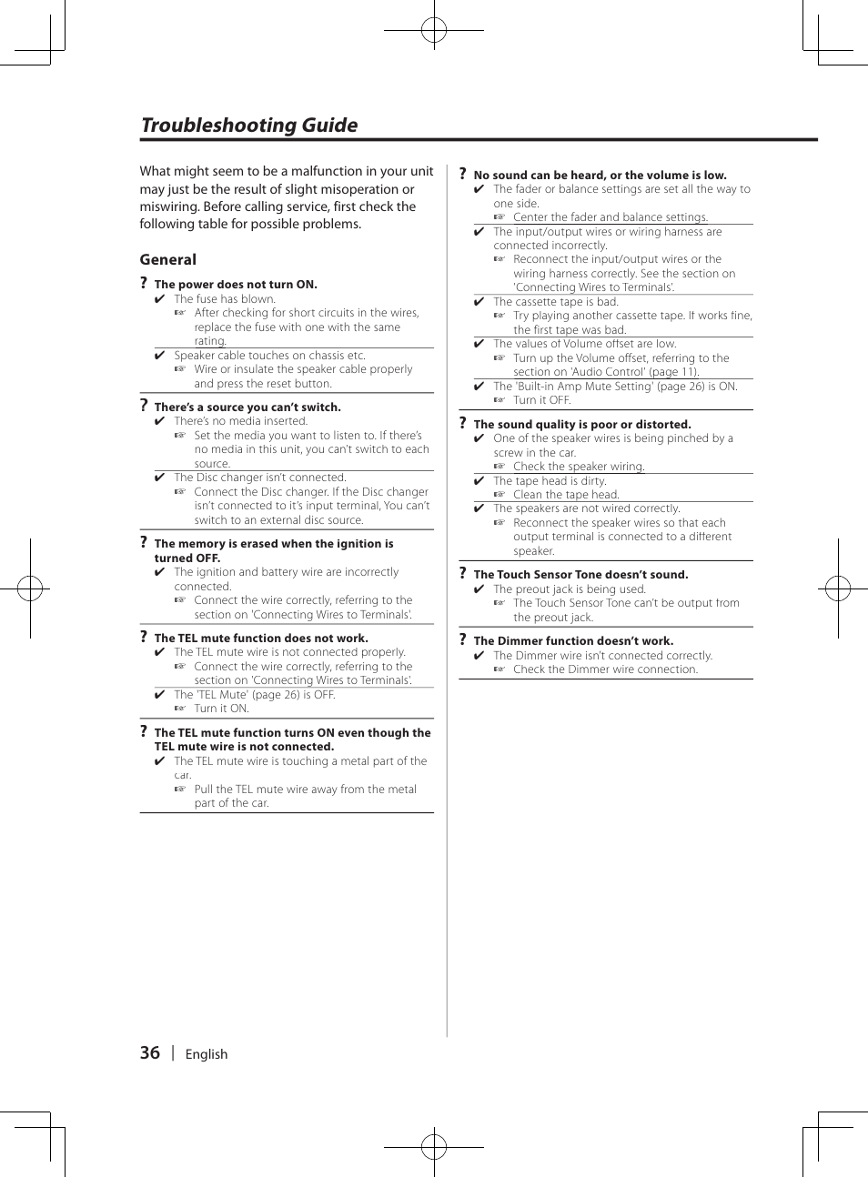 Troubleshooting guide | Kenwood DPX-MP4070  EN User Manual | Page 36 / 40