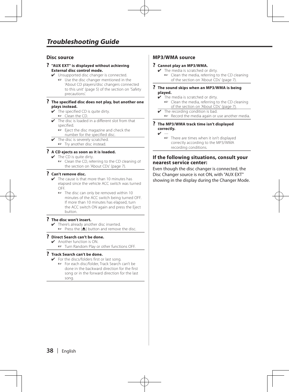 Troubleshooting guide | Kenwood DPX-MP4070  EN User Manual | Page 38 / 40