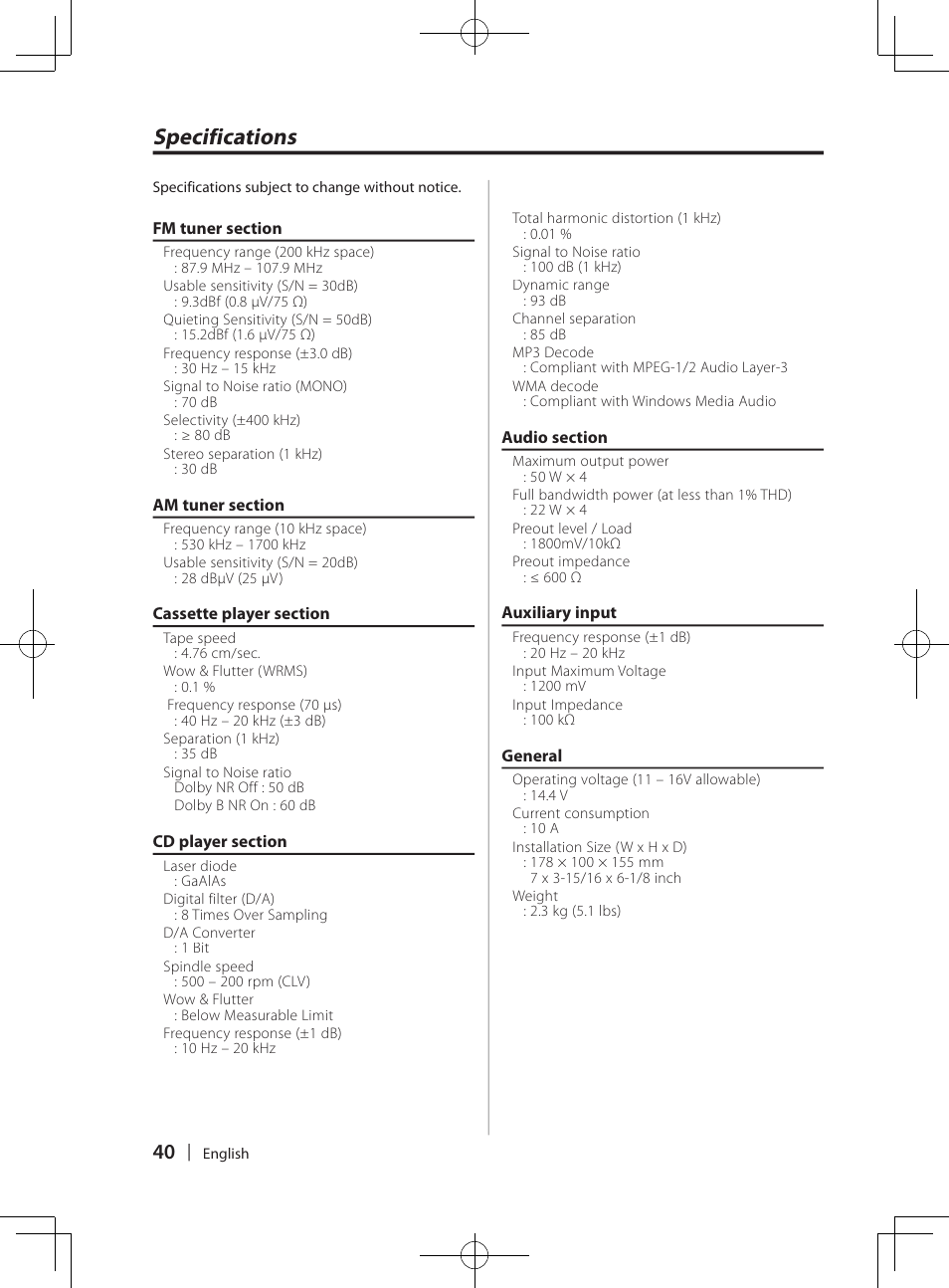 Specifications | Kenwood DPX-MP4070  EN User Manual | Page 40 / 40