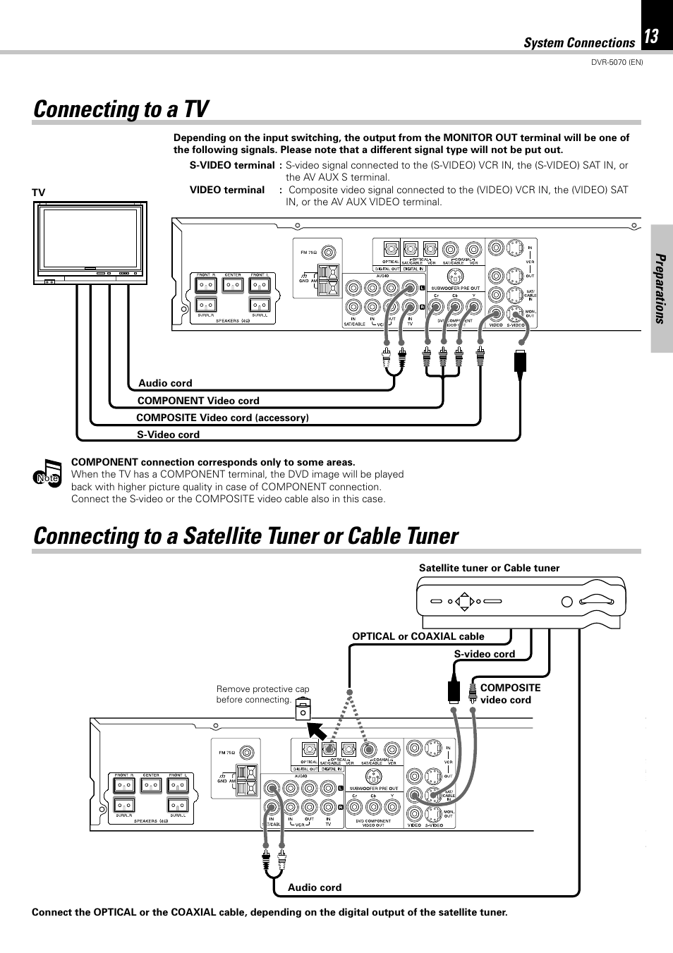 Connecting to a tv, Connecting to a satellite tuner or cable tuner | Kenwood DVR-5070 User Manual | Page 13 / 60