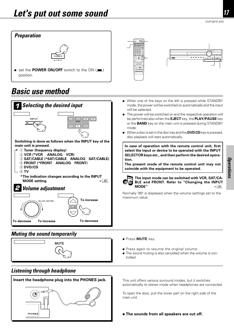 Let's put out some sound, Basic use method, Preparation | Selecting the desired input, Volume adjustment, Operations | Kenwood DVR-5070 User Manual | Page 17 / 60