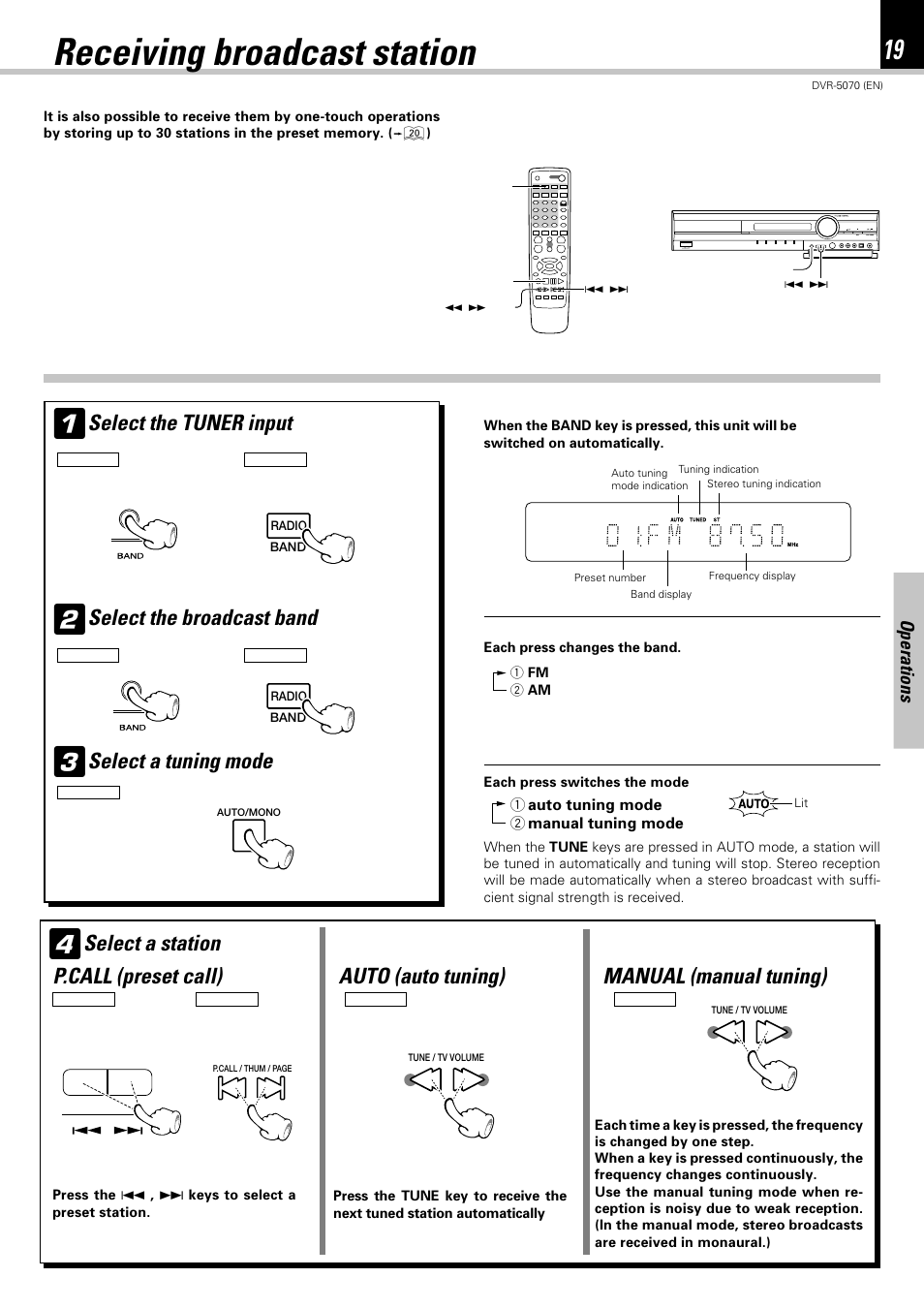 Receiving broadcast station, Select the tuner input, Select the broadcast band | Select a tuning mode, Select a station, Operations | Kenwood DVR-5070 User Manual | Page 19 / 60