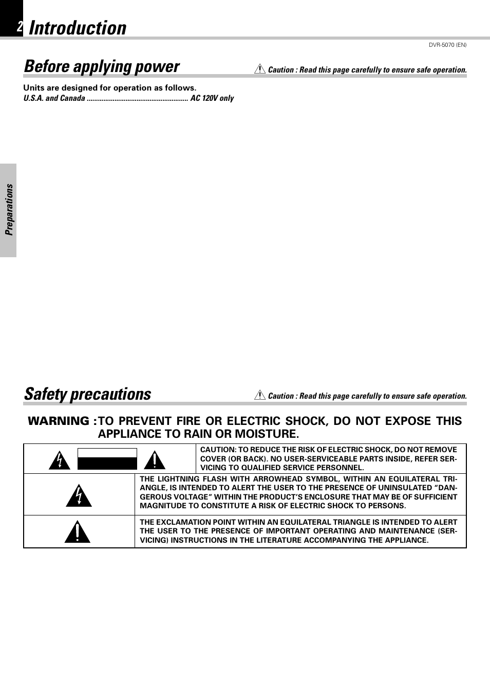 Introduction, Before applying power, Safety precautions | Kenwood DVR-5070 User Manual | Page 2 / 60