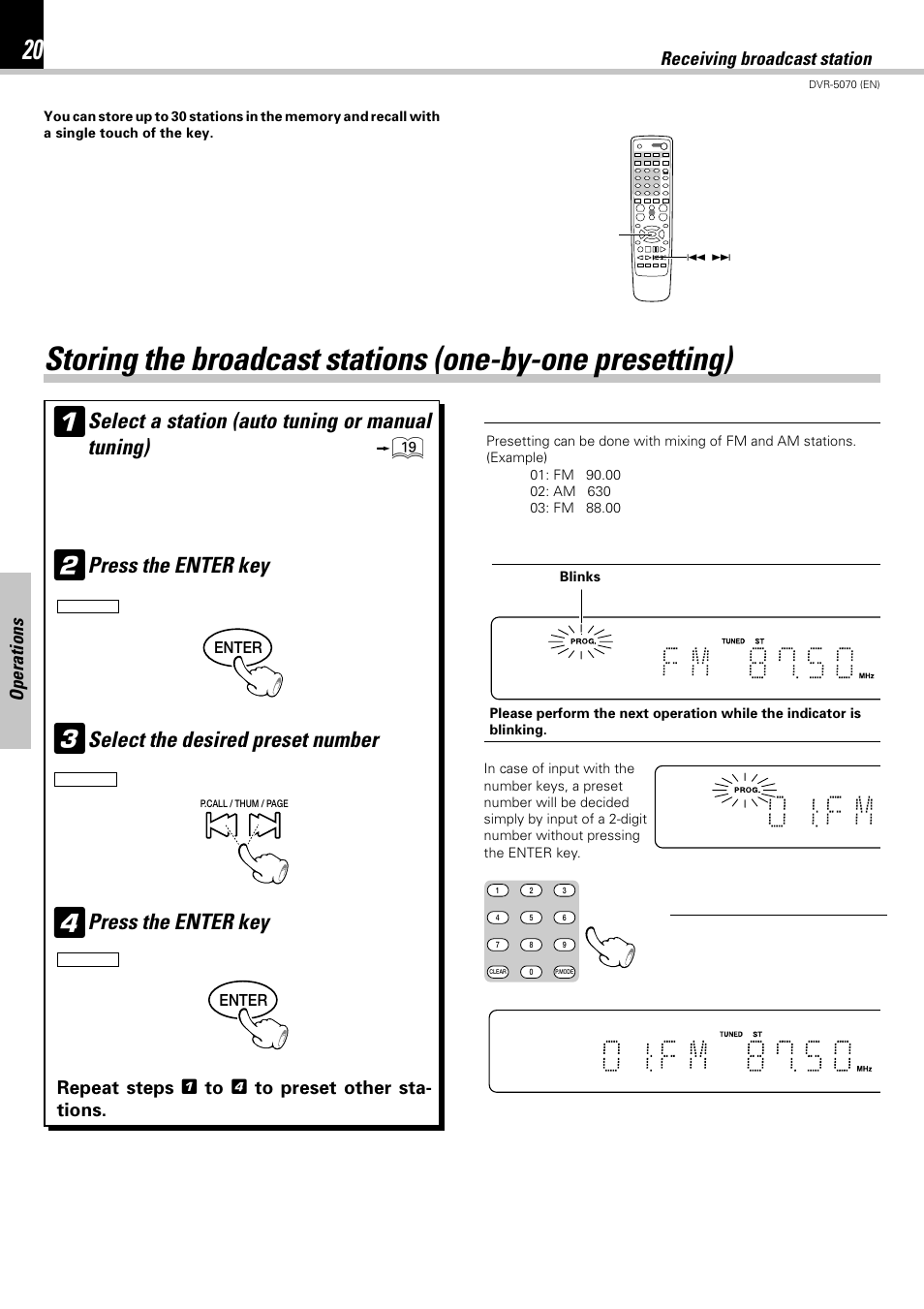 Select a station (auto tuning or manual tuning), Press the enter key, Select the desired preset number | Kenwood DVR-5070 User Manual | Page 20 / 60