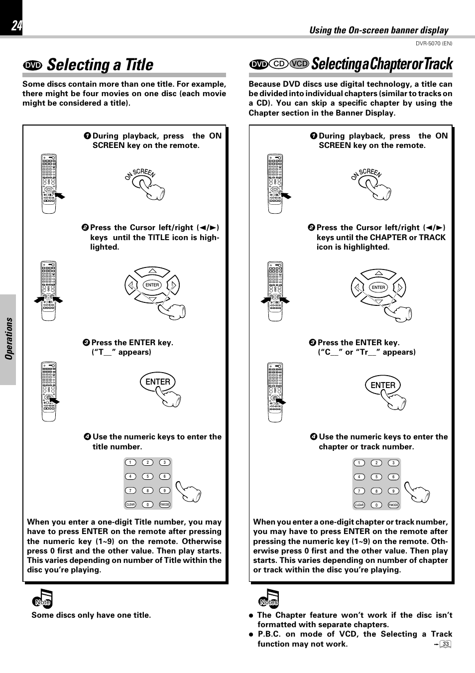 Selecting a title, Selecting a chapter or track, Operations | Using the on-screen banner display | Kenwood DVR-5070 User Manual | Page 24 / 60