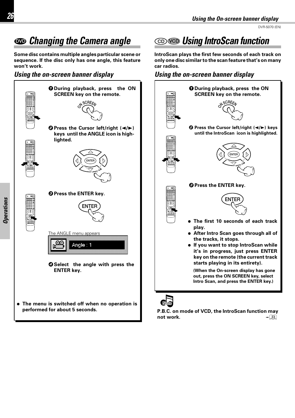 Changing the camera angle, Using introscan function, Using the on-screen banner display | Kenwood DVR-5070 User Manual | Page 26 / 60