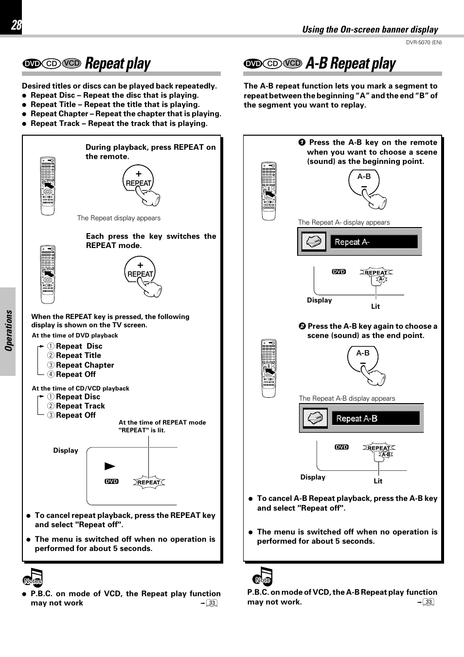 Repeat play, A-b repeat play | Kenwood DVR-5070 User Manual | Page 28 / 60