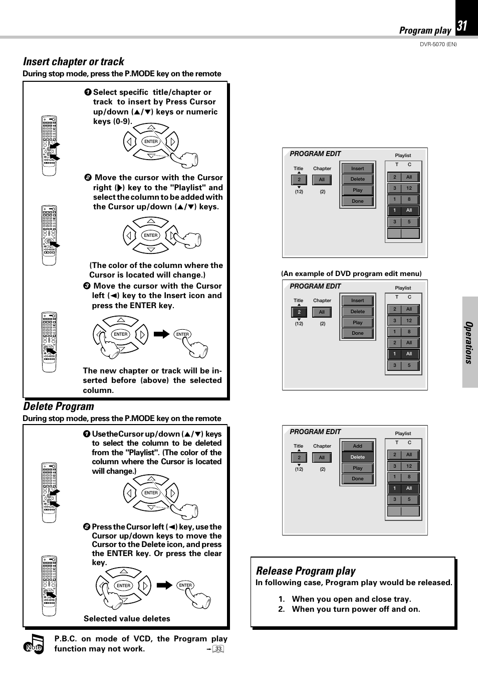 Insert chapter or track, Delete program, Release program play | Operations program play | Kenwood DVR-5070 User Manual | Page 31 / 60