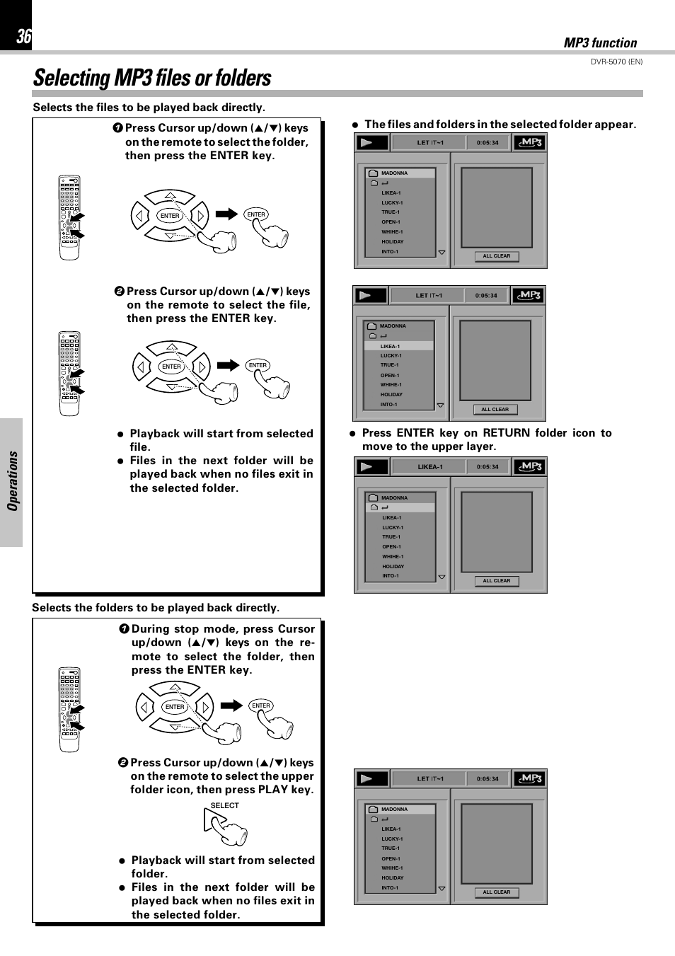 Selecting mp3 files or folders, Operations, Mp3 function | Kenwood DVR-5070 User Manual | Page 36 / 60