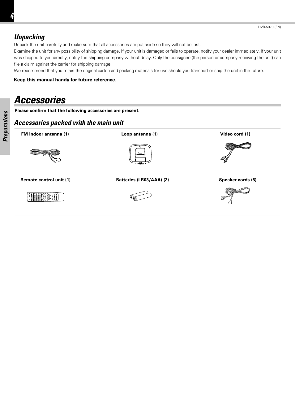 Accessories, Unpacking, Accessories packed with the main unit | Kenwood DVR-5070 User Manual | Page 4 / 60