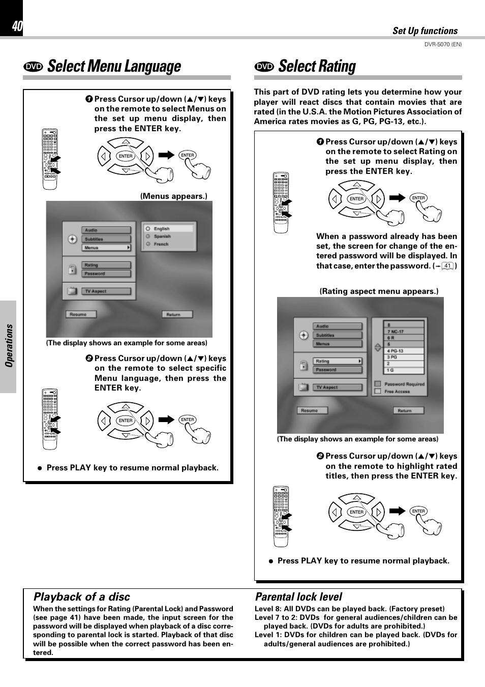 Select menu language, Select rating, Parental lock level | Playback of a disc | Kenwood DVR-5070 User Manual | Page 40 / 60