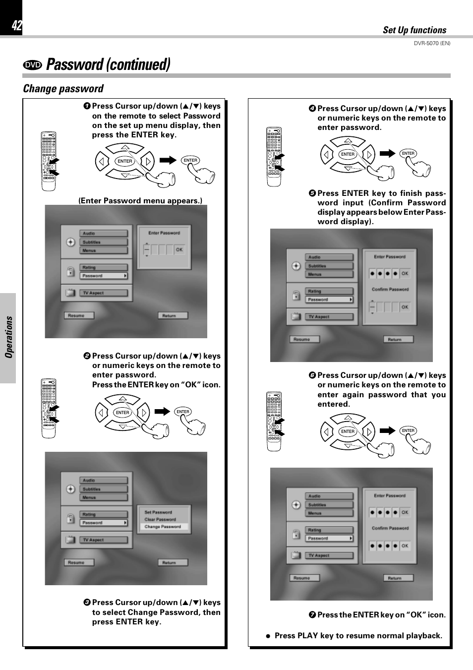 Password (continued), Change password, Operations | Set up functions | Kenwood DVR-5070 User Manual | Page 42 / 60