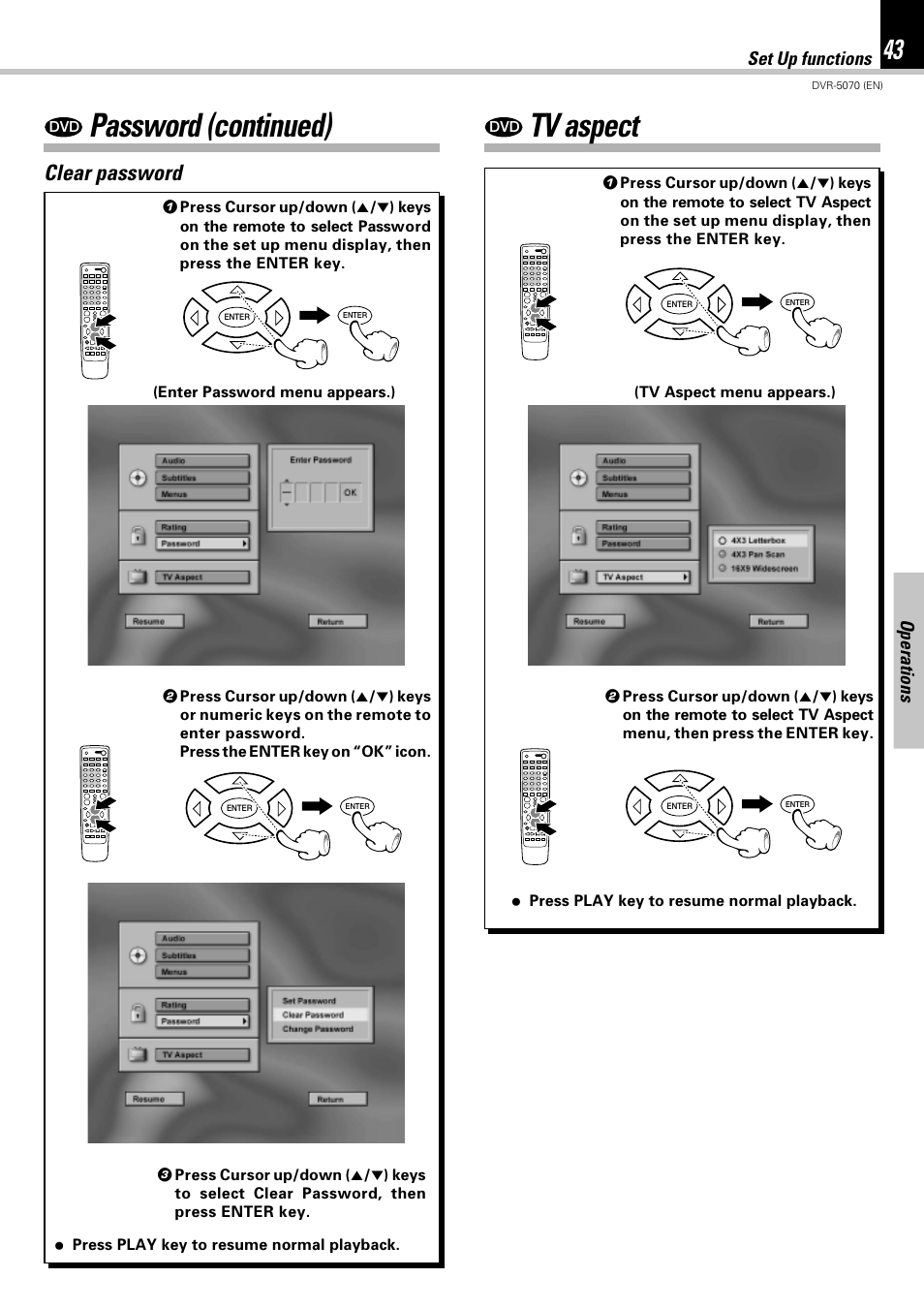 Tv aspect, Password (continued), Clear password | Kenwood DVR-5070 User Manual | Page 43 / 60