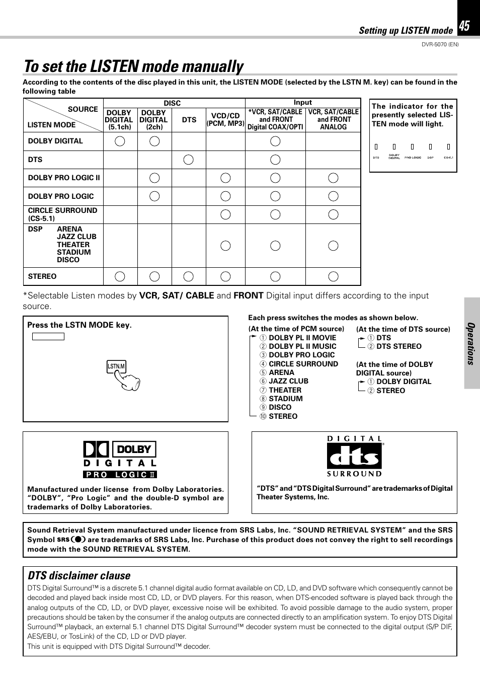 To set the listen mode manually, Dts disclaimer clause, Operations | Setting up listen mode | Kenwood DVR-5070 User Manual | Page 45 / 60