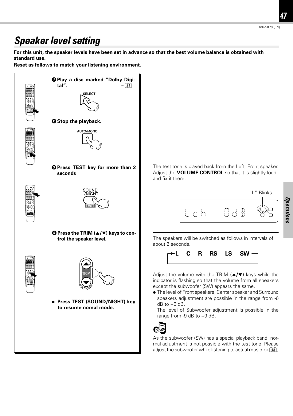 Speaker level setting | Kenwood DVR-5070 User Manual | Page 47 / 60