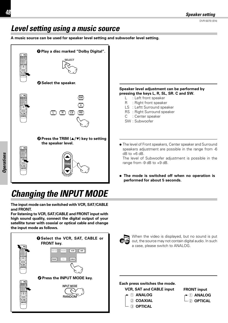 Level setting using a music source, Changing the input mode, Operations speaker setting | Kenwood DVR-5070 User Manual | Page 48 / 60