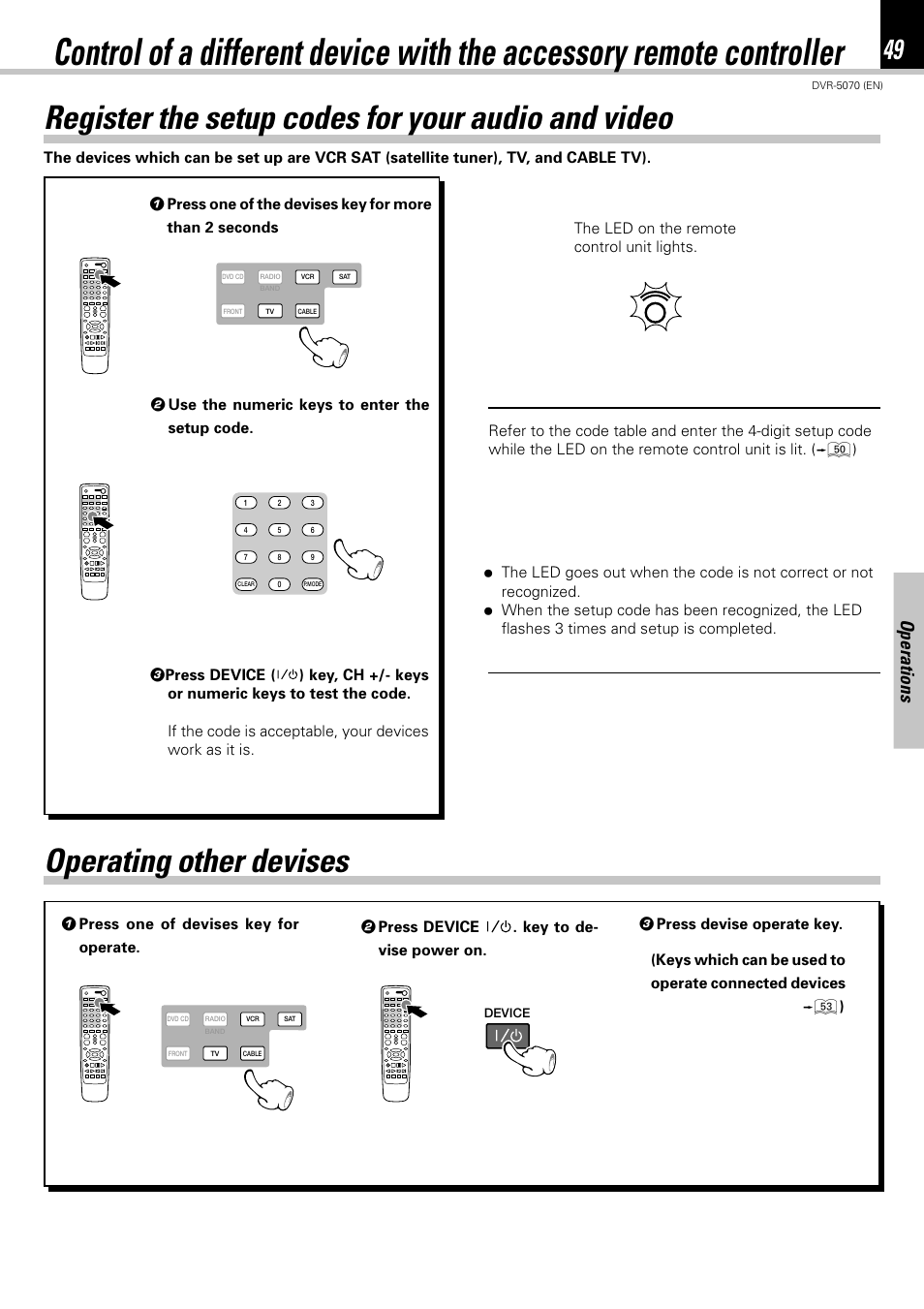 Register the setup codes for your audio and video, Operating other devises, Operations | Kenwood DVR-5070 User Manual | Page 49 / 60