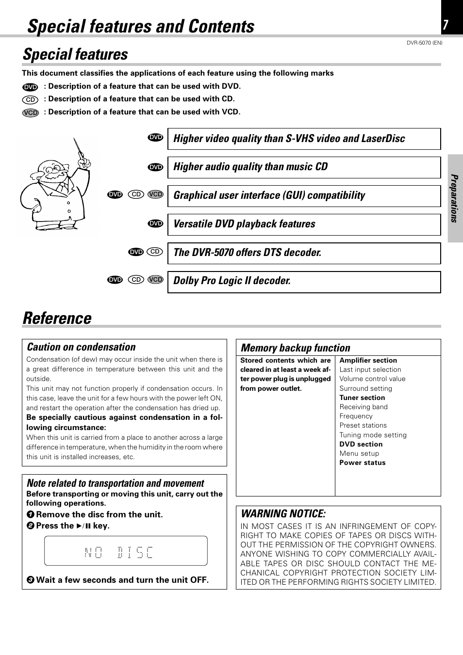 Special features and contents, Special features, Reference | Caution on condensation | Kenwood DVR-5070 User Manual | Page 7 / 60