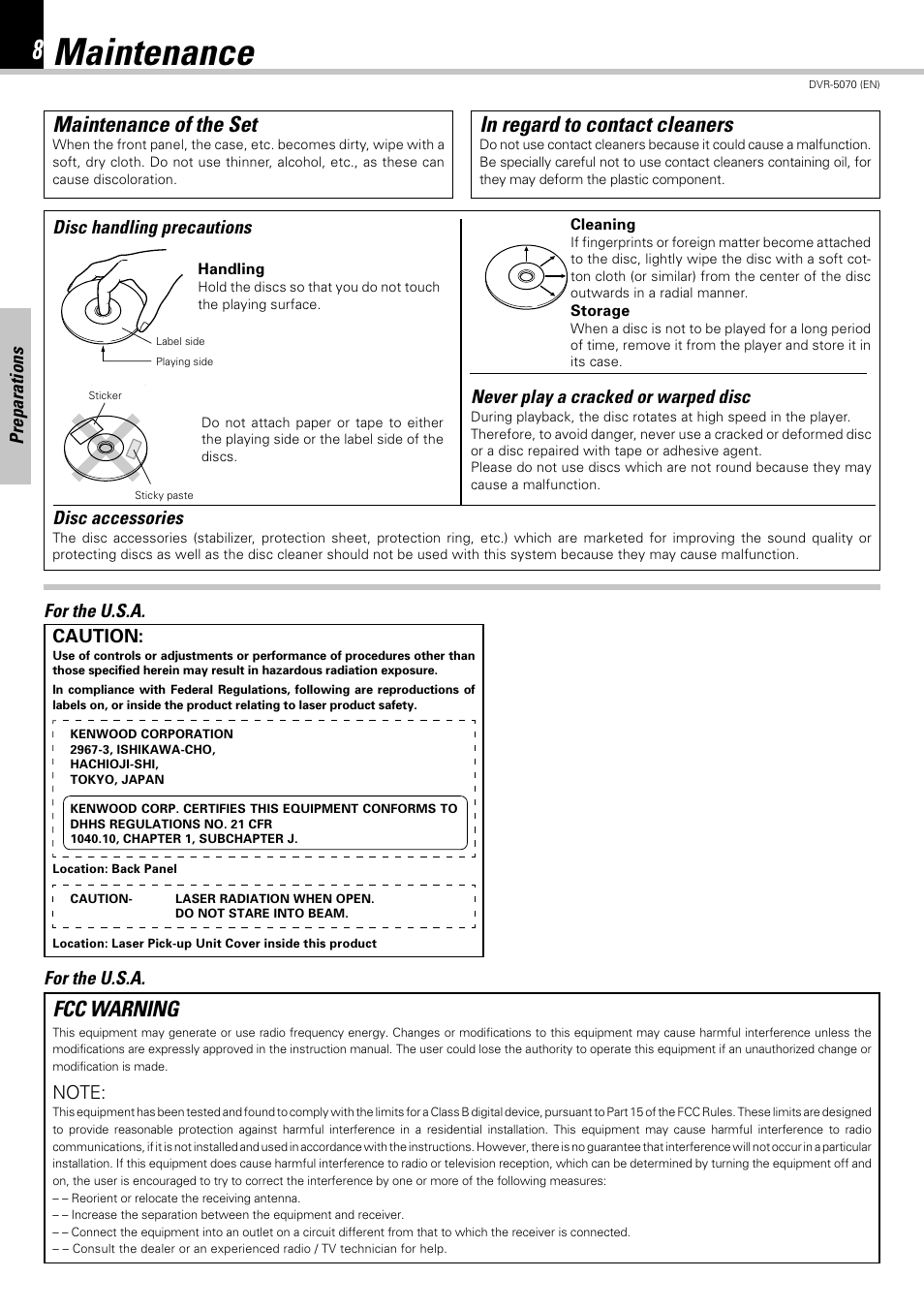 Maintenance, Maintenance of the set, Fcc warning | Preparations, Disc handling precautions disc accessories, Never play a cracked or warped disc, Caution, For the u.s.a | Kenwood DVR-5070 User Manual | Page 8 / 60